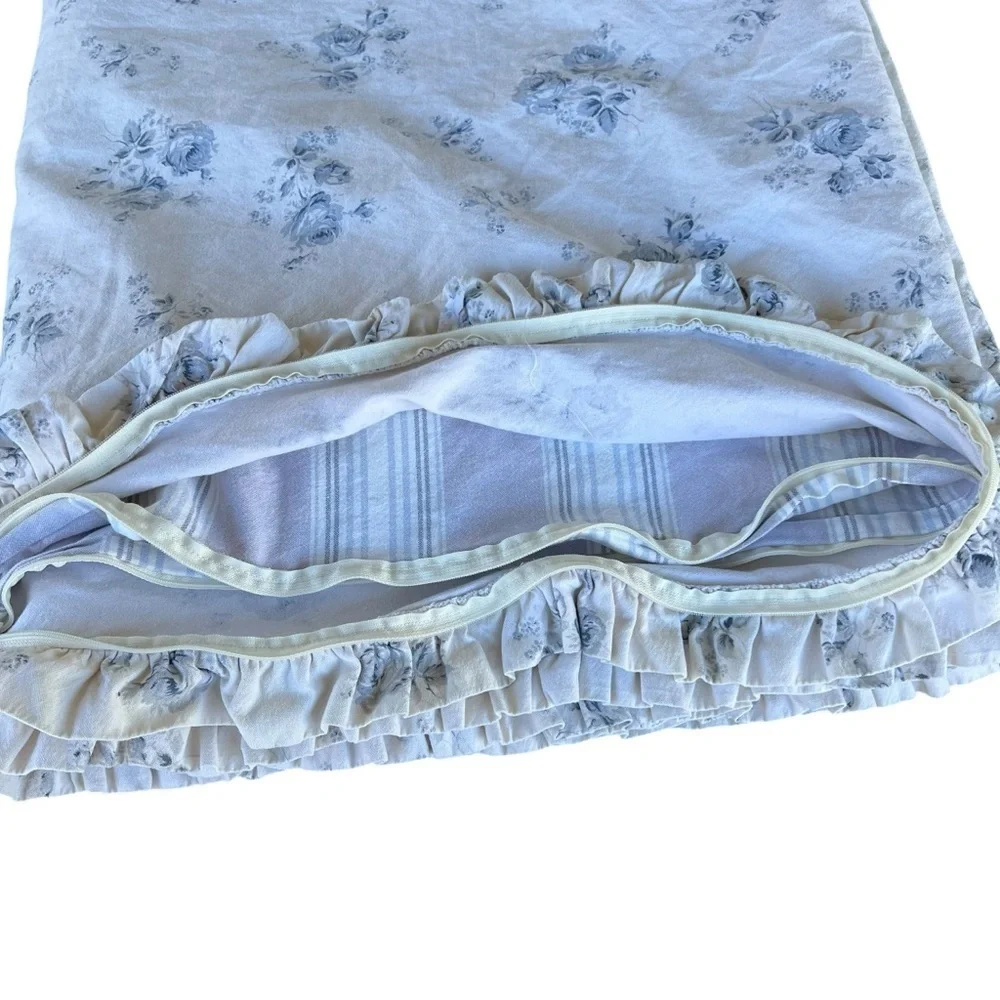 VTG Ethan Allen Blue Gray Rose Reversible 3-Piece Duvet Set Ruffles Cottage READ